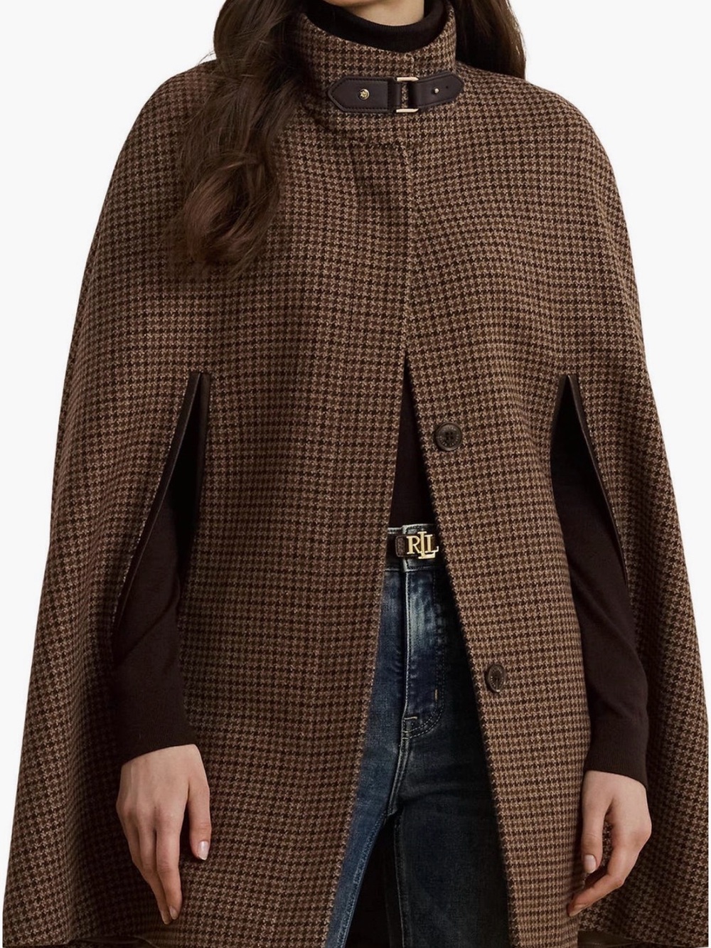 Ralph Lauren Houndstooth Brown Wool BlendCape Coat with Leather Logo Buckle Belt